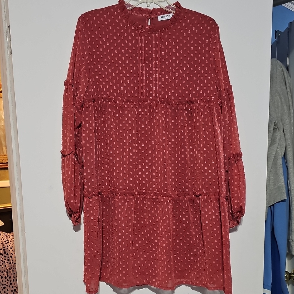 New Solution Rust Colored Polka Dot Long Sleeve Dress Sz Large Fully Lined Fall